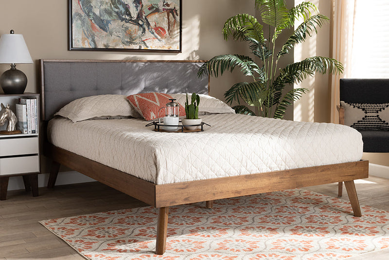 Celestine Light Gray Fabric Walnut Brown Full Size Platform Bed Baxton