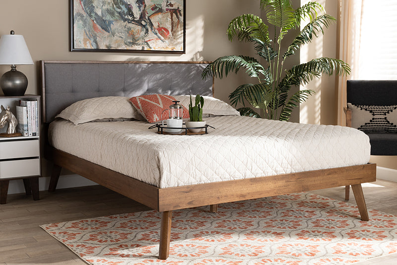 Celestine Mid-Century Modern Light Gray Fabric Upholstered Walnut Brown Finished Wood Queen Size Platform Bed