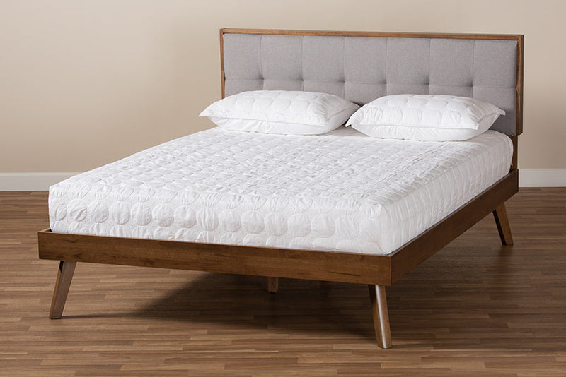 Celestine Light Gray Fabric Walnut Brown Full Size Platform Bed Baxton