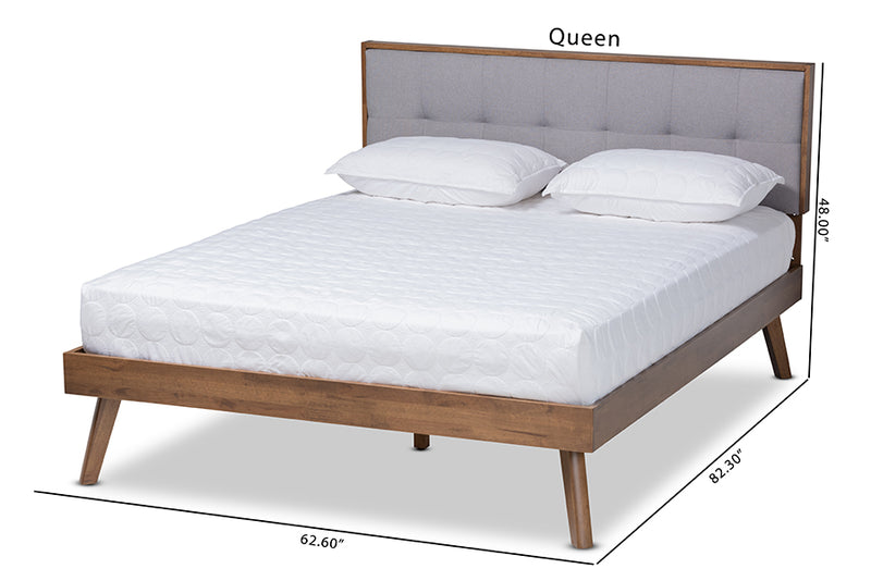 Celestine Mid-Century Modern Light Gray Fabric Upholstered Walnut Brown Finished Wood Queen Size Platform Bed