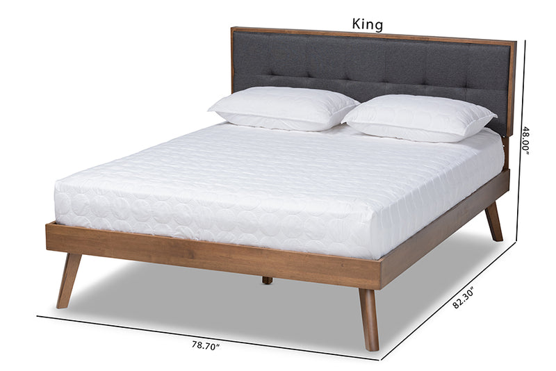 Celestine Mid-Century Modern Dark Gray Fabric Upholstered Walnut Brown Finished Wood Queen Size Platform Bed