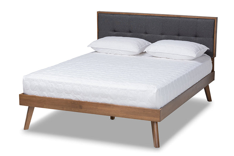 Celestine Dark Gray Fabric Walnut Brown King Size Platform Bed Baxton