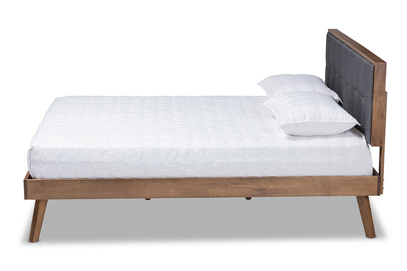 Celestine Dark Gray Fabric Walnut Brown King Size Platform Bed Baxton