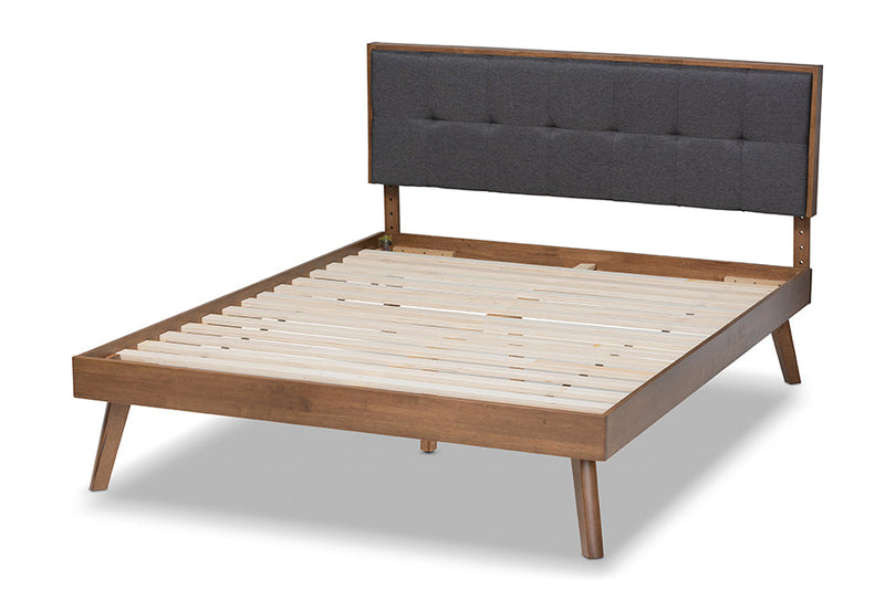 Celestine Dark Gray Fabric Walnut Brown King Size Platform Bed Baxton