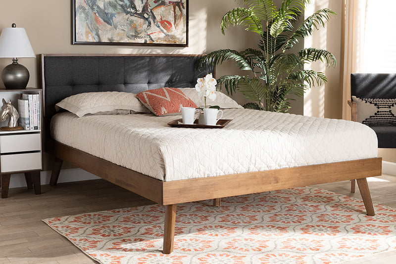 Celestine Dark Gray Fabric Walnut Brown King Size Platform Bed Baxton