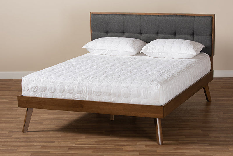 Celestine Dark Gray Fabric Walnut Brown King Size Platform Bed Baxton