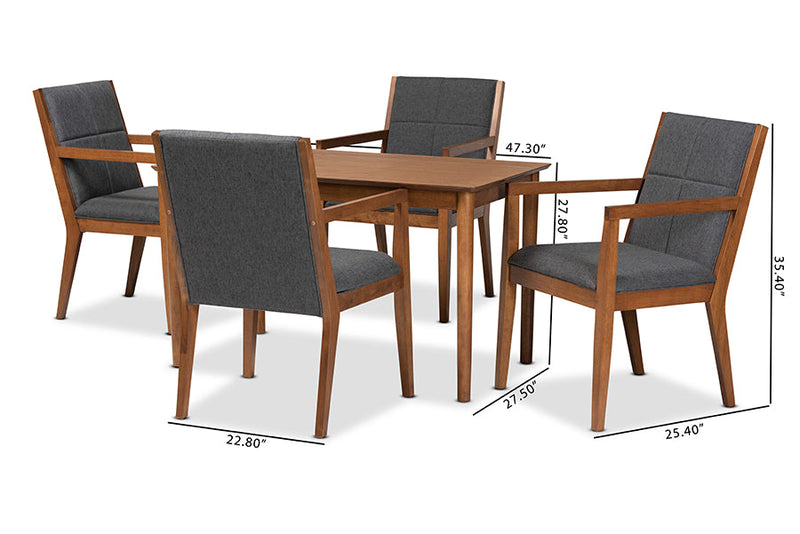Miren Dark Gray Fabric Upholstered and Walnut Brown 5-Piece Dining Set Baxton