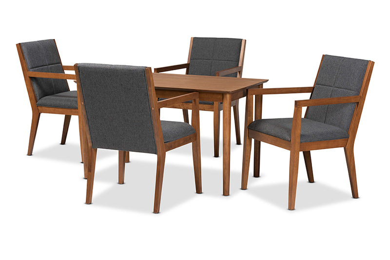 Miren Mid-Century Modern Dark Gray Fabric Upholstered and Walnut Brown Finished Wood 5-Piece Dining Set