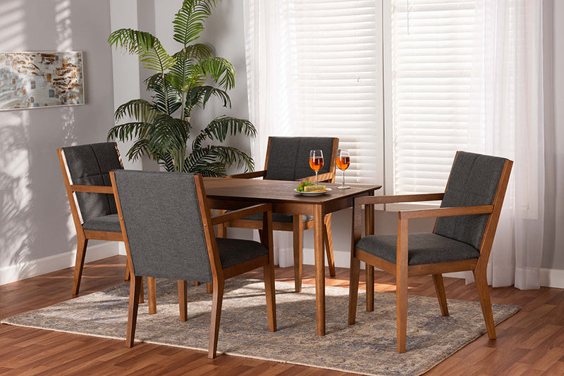 Miren Dark Gray Fabric Upholstered and Walnut Brown 5-Piece Dining Set Baxton