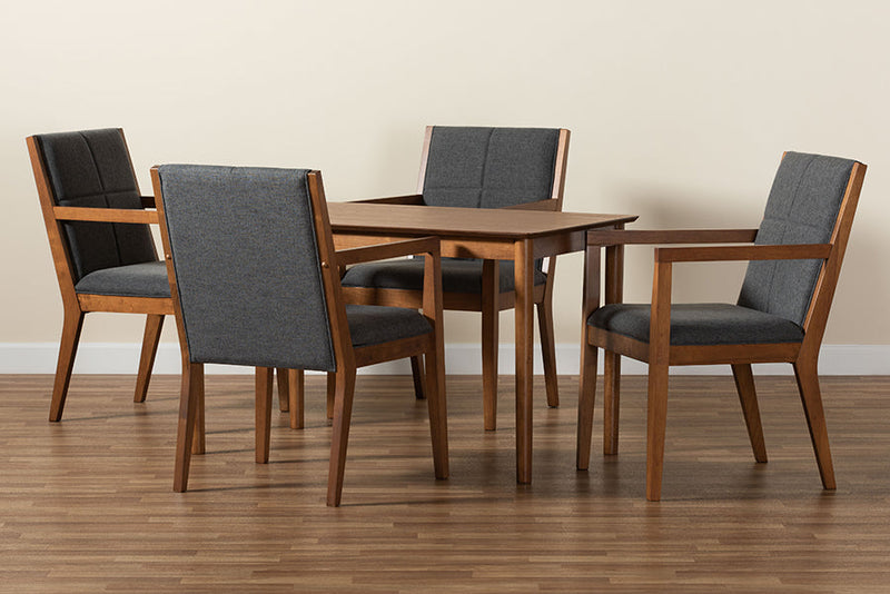 Miren Dark Gray Fabric Upholstered and Walnut Brown 5-Piece Dining Set Baxton