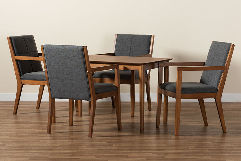 Miren Mid-Century Modern Dark Gray Fabric Upholstered and Walnut Brown Finished Wood 5-Piece Dining Set