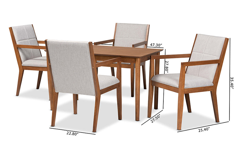 Miren Mid-Century Modern Greyish Beige Fabric Upholstered and Walnut Brown Finished Wood 5-Piece Dining Set