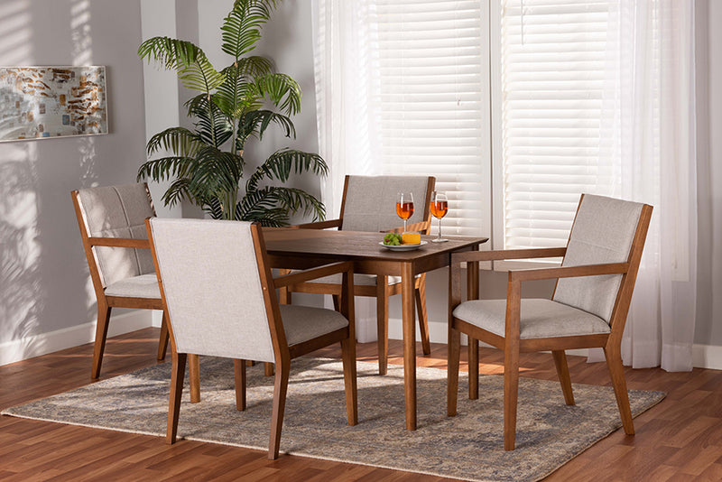 Miren Mid-Century Modern Greyish Beige Fabric Upholstered and Walnut Brown Finished Wood 5-Piece Dining Set