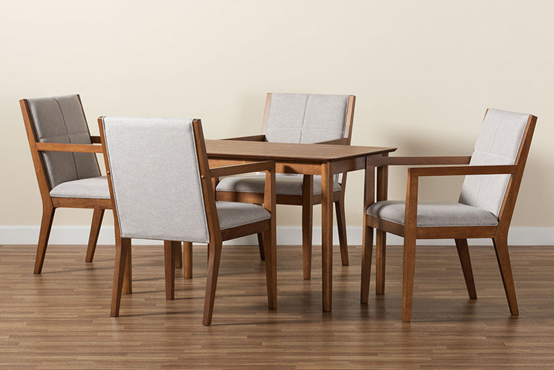 Miren Greyish Beige Fabric Upholstered and Walnut Brown 5-Piece Dining Set Baxton