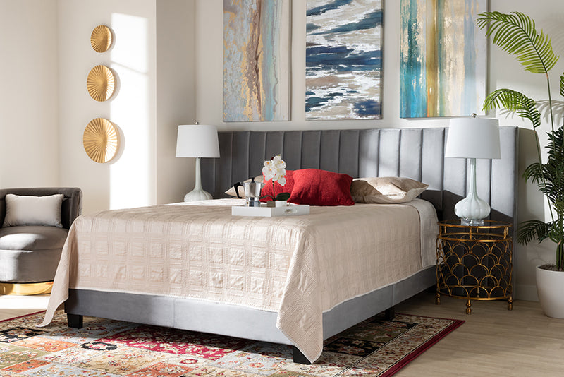 Samantha Glam and Luxe Gray Velvet Fabric Upholstered King Size Panel Bed w/Extra Wide Channel Tufted Headboard