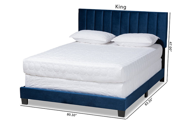 Seva Navy Blue Velvet Fabric King Size Panel Bed w/Channel Tufted Headboard Baxton