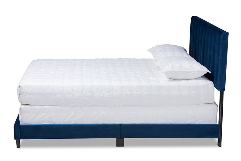 Seva Navy Blue Velvet Fabric King Size Panel Bed w/Channel Tufted Headboard Baxton