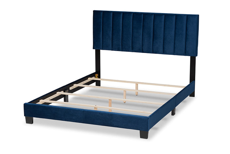 Seva Navy Blue Velvet Fabric King Size Panel Bed w/Channel Tufted Headboard Baxton