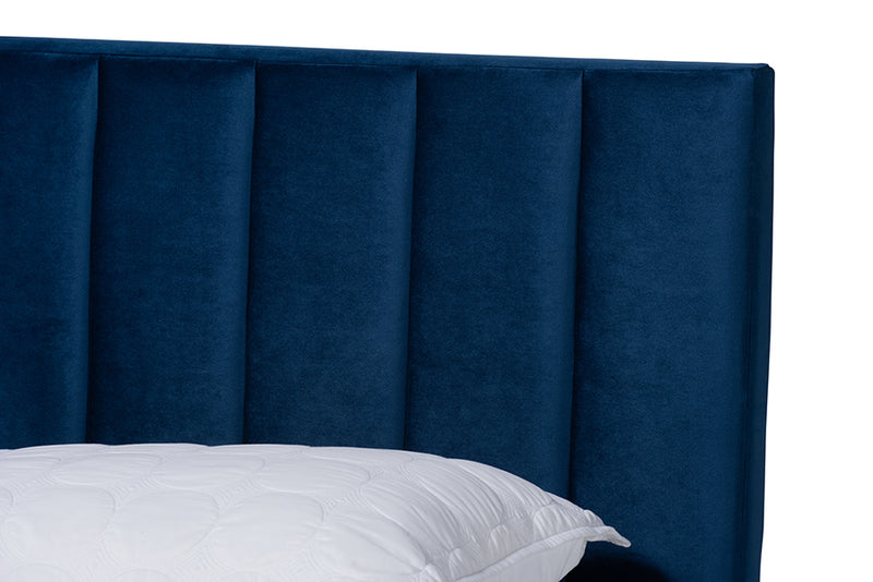 Seva Glam and Luxe Navy Blue Velvet Fabric Upholstered King Size Panel Bed w/Channel Tufted Headboard