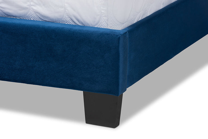 Seva Navy Blue Velvet Fabric King Size Panel Bed w/Channel Tufted Headboard Baxton
