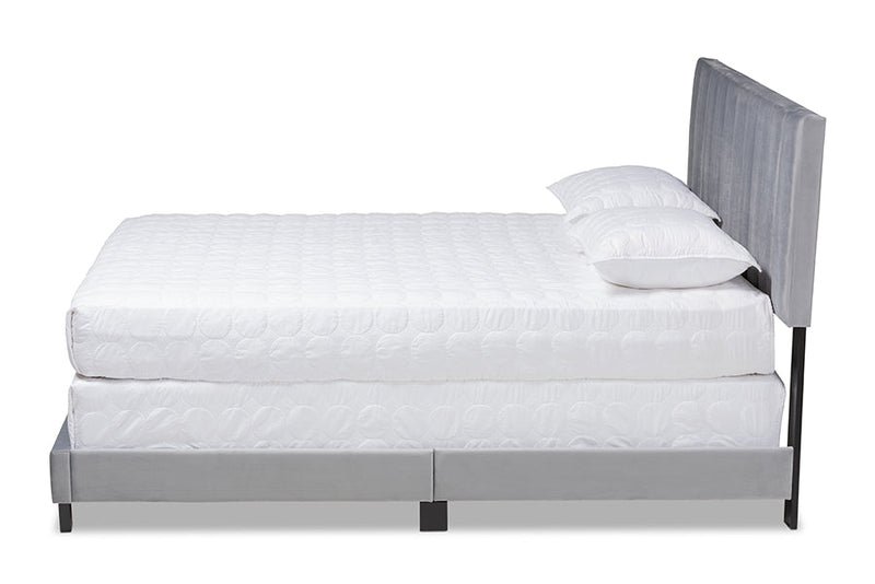 Seva Gray Velvet Fabric Full Size Panel Bed w/Channel Tufted Headboard Baxton