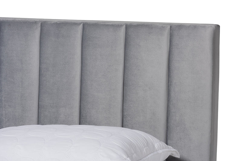 Seva Glam and Luxe Gray Velvet Fabric Upholstered Queen Size Panel Bed w/Channel Tufted Headboard