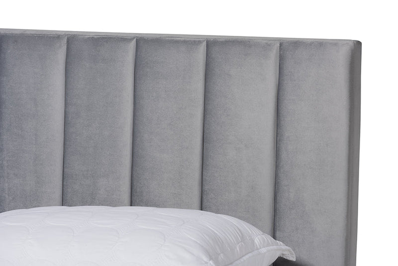Seva Gray Velvet Fabric King Size Panel Bed w/Channel Tufted Headboard Baxton