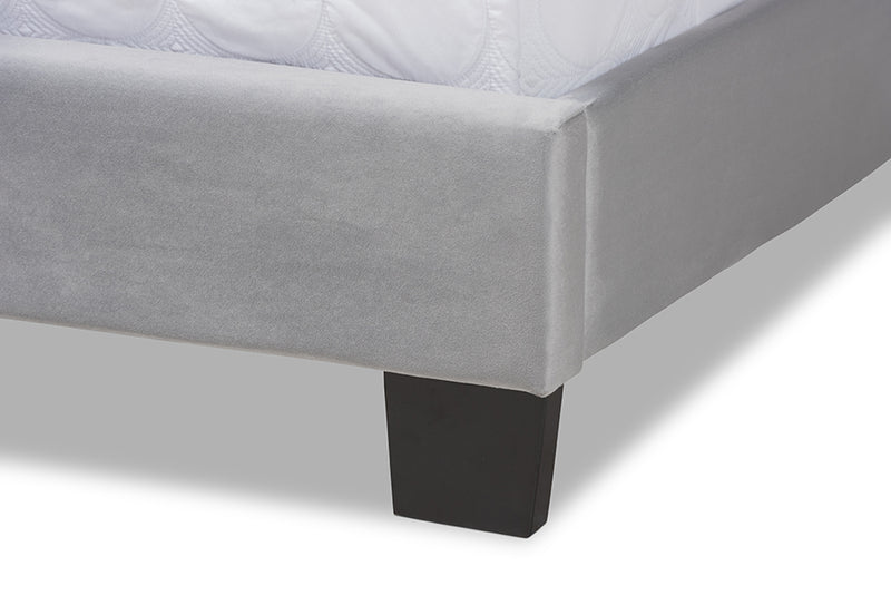 Seva Glam and Luxe Gray Velvet Fabric Upholstered Queen Size Panel Bed w/Channel Tufted Headboard