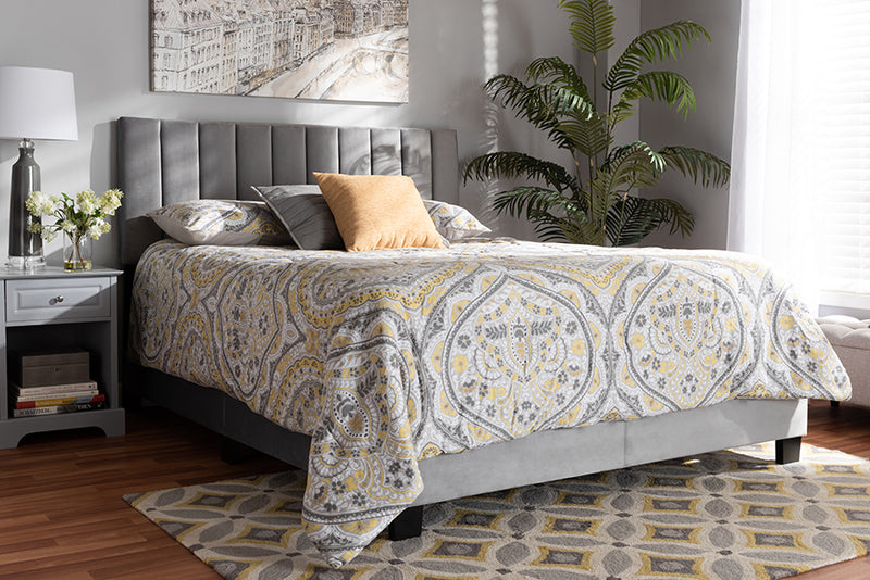 Seva Glam and Luxe Gray Velvet Fabric Upholstered Queen Size Panel Bed w/Channel Tufted Headboard