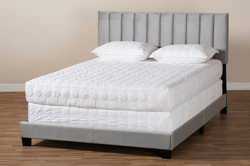 Seva Gray Velvet Fabric King Size Panel Bed w/Channel Tufted Headboard Baxton