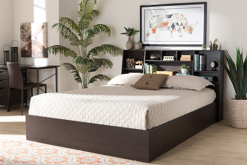 Viola Modern and Contemporary Dark Brown Finished Wood Queen Size Platform Storage Bed w/Shelves