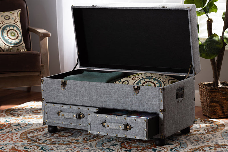 Wales Gray Fabric Upholstered 2-Drawer Storage Trunk Ottoman Baxton