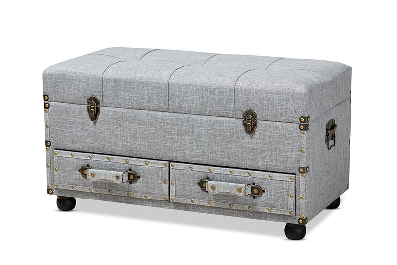 Wales Modern Transitional Gray Fabric Upholstered 2-Drawer Storage Trunk Ottoman