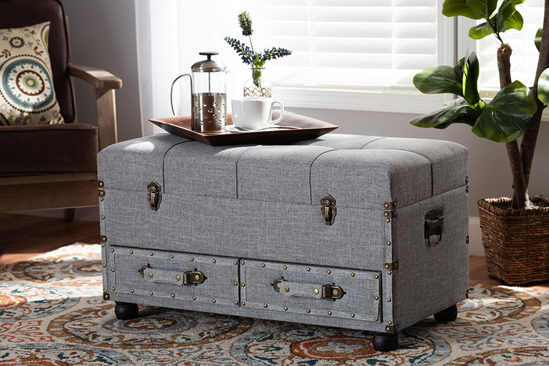 Wales Modern Transitional Gray Fabric Upholstered 2-Drawer Storage Trunk Ottoman