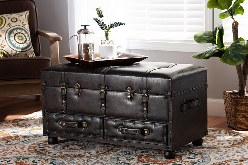 Lauro Modern Transitional Distressed Dark Brown Faux Leather Upholstered 2-Drawer Storage Trunk Ottoman