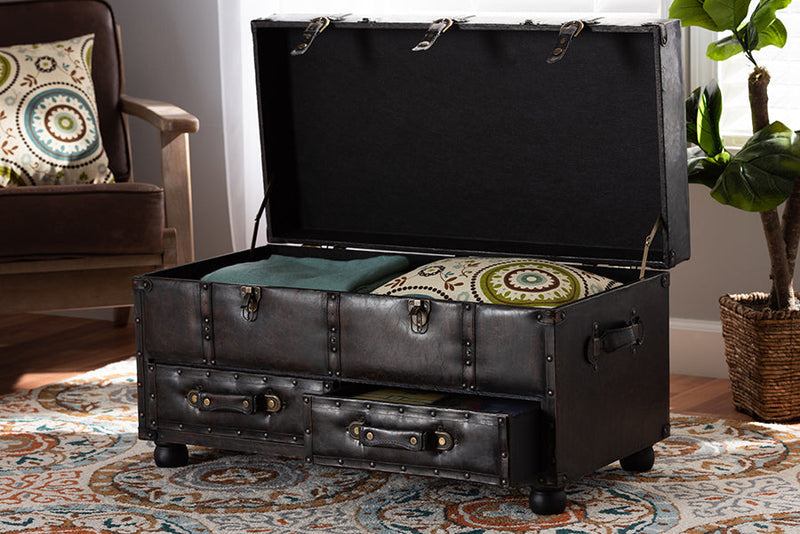 Lauro Distressed Dark Brown Faux Leather 2-Drawer Storage Trunk Ottoman Baxton