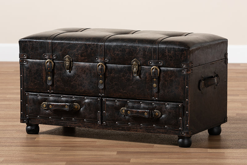 Lauro Modern Transitional Distressed Dark Brown Faux Leather Upholstered 2-Drawer Storage Trunk Ottoman