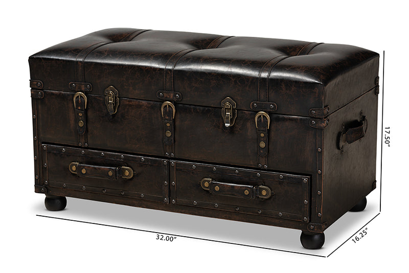 Lauro Modern Transitional Distressed Dark Brown Faux Leather Upholstered 2-Drawer Storage Trunk Ottoman