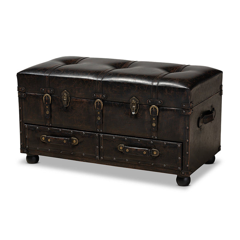 Lauro Modern Transitional Distressed Dark Brown Faux Leather Upholstered 2-Drawer Storage Trunk Ottoman