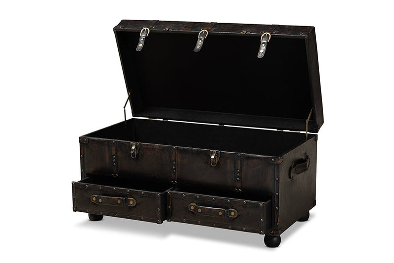Lauro Distressed Dark Brown Faux Leather 2-Drawer Storage Trunk Ottoman Baxton