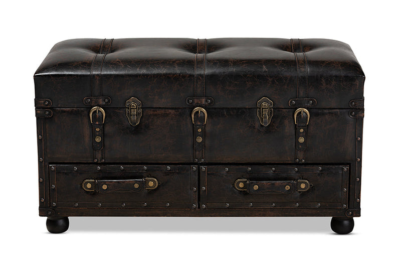 Lauro Distressed Dark Brown Faux Leather 2-Drawer Storage Trunk Ottoman Baxton