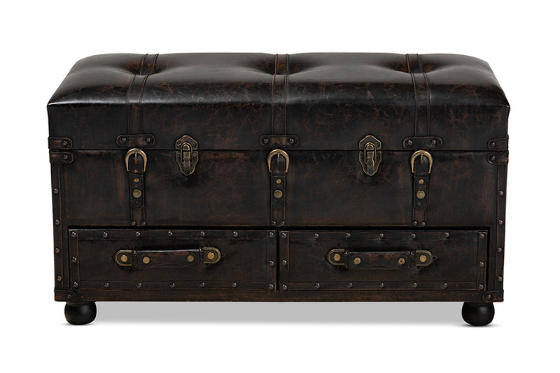 Lauro Modern Transitional Distressed Dark Brown Faux Leather Upholstered 2-Drawer Storage Trunk Ottoman