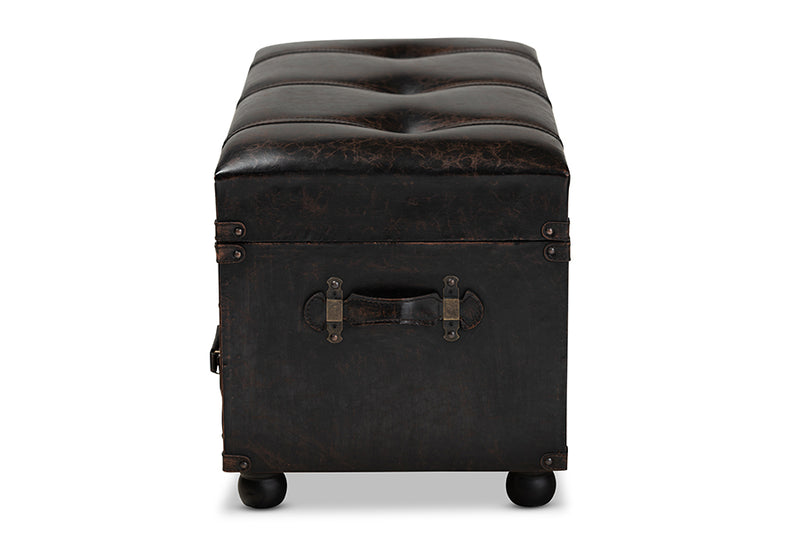 Lauro Modern Transitional Distressed Dark Brown Faux Leather Upholstered 2-Drawer Storage Trunk Ottoman