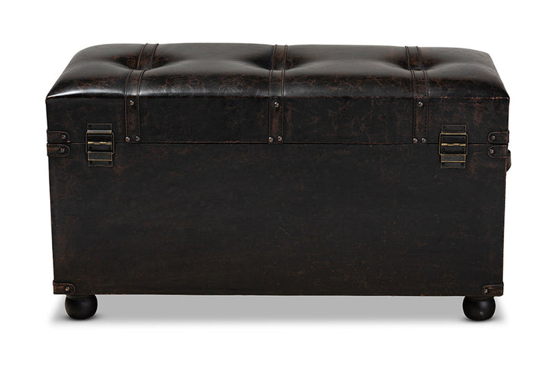Lauro Distressed Dark Brown Faux Leather 2-Drawer Storage Trunk Ottoman Baxton