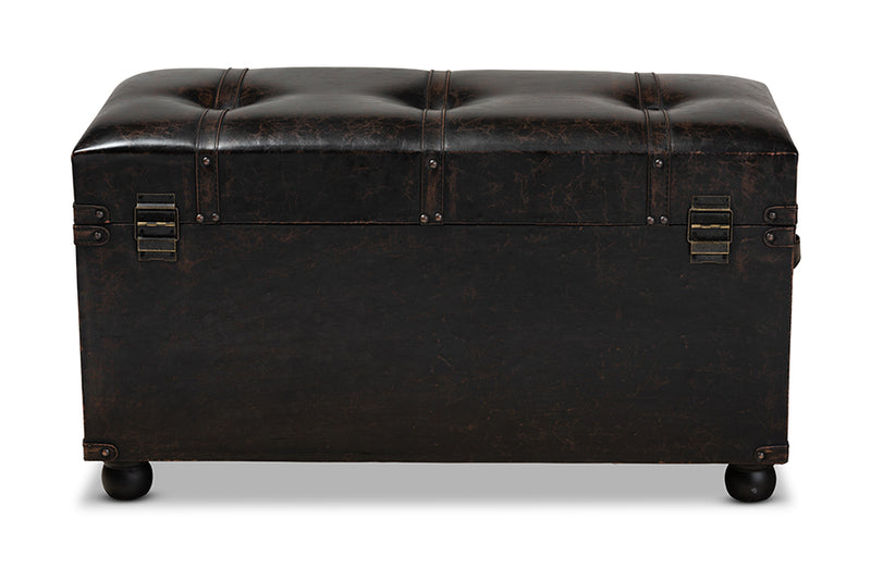 Lauro Modern Transitional Distressed Dark Brown Faux Leather Upholstered 2-Drawer Storage Trunk Ottoman