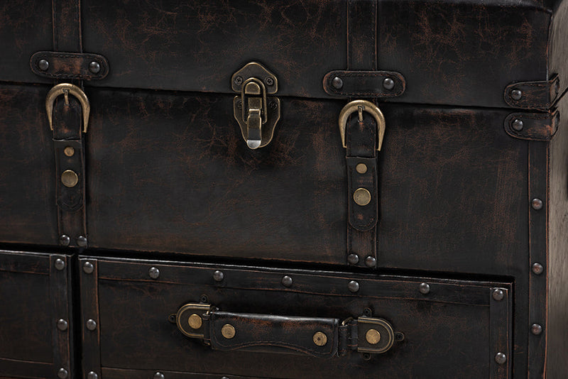 Lauro Distressed Dark Brown Faux Leather 2-Drawer Storage Trunk Ottoman Baxton