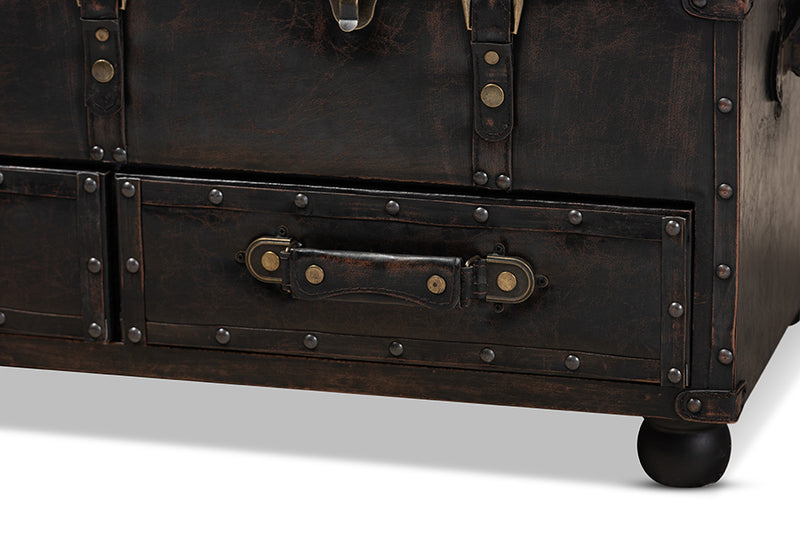 Lauro Modern Transitional Distressed Dark Brown Faux Leather Upholstered 2-Drawer Storage Trunk Ottoman