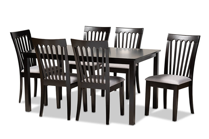 Athena Gray Fabric Upholstered and Espresso Brown 7-Piece Dining Set Baxton