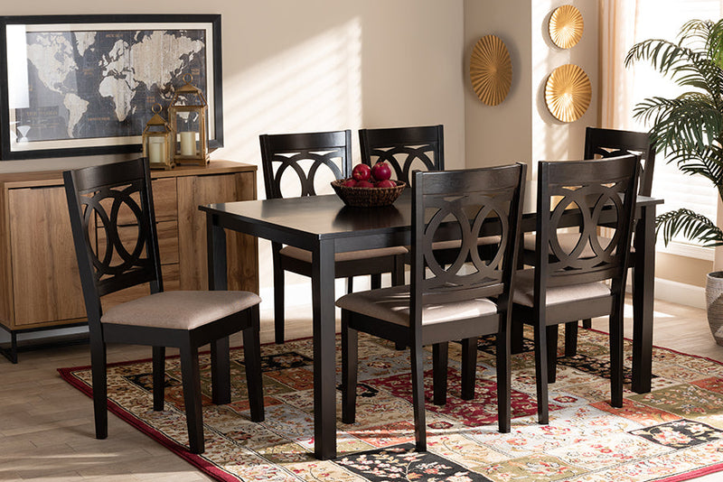 Aspen Sand Fabric Upholstered Espresso Brown 7-Piece Dining Set Baxton
