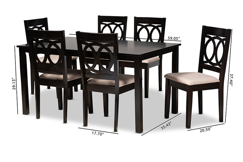 Aspen Sand Fabric Upholstered Espresso Brown 7-Piece Dining Set Baxton